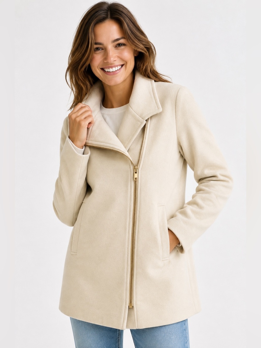 NWOT Mango Cream Asymmetrical Zip Moto Coat Jacket Size M